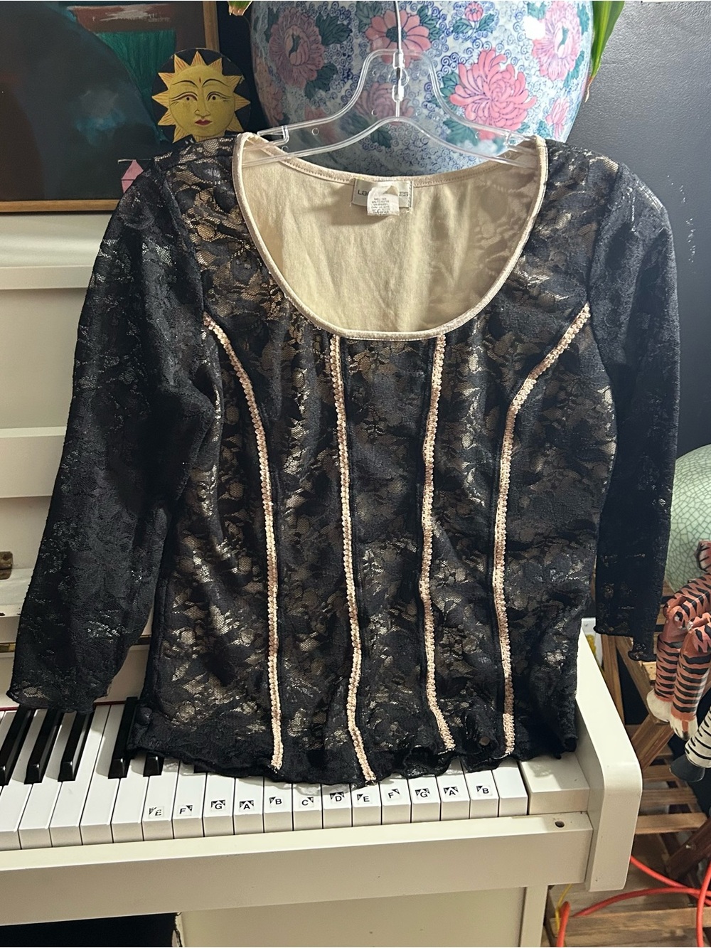 Laura Petites Black Lace Pearl Trim Blouse Top Size Large Made in USA